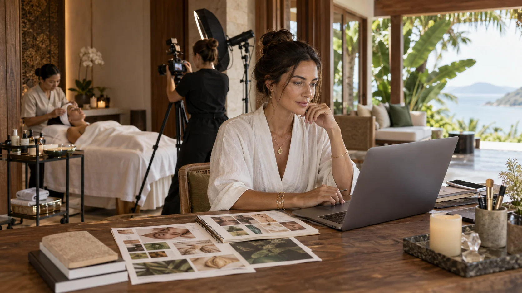 Beauty-Unternehmerin bei der Content- und Businessplanung in einer tropischen Villa
