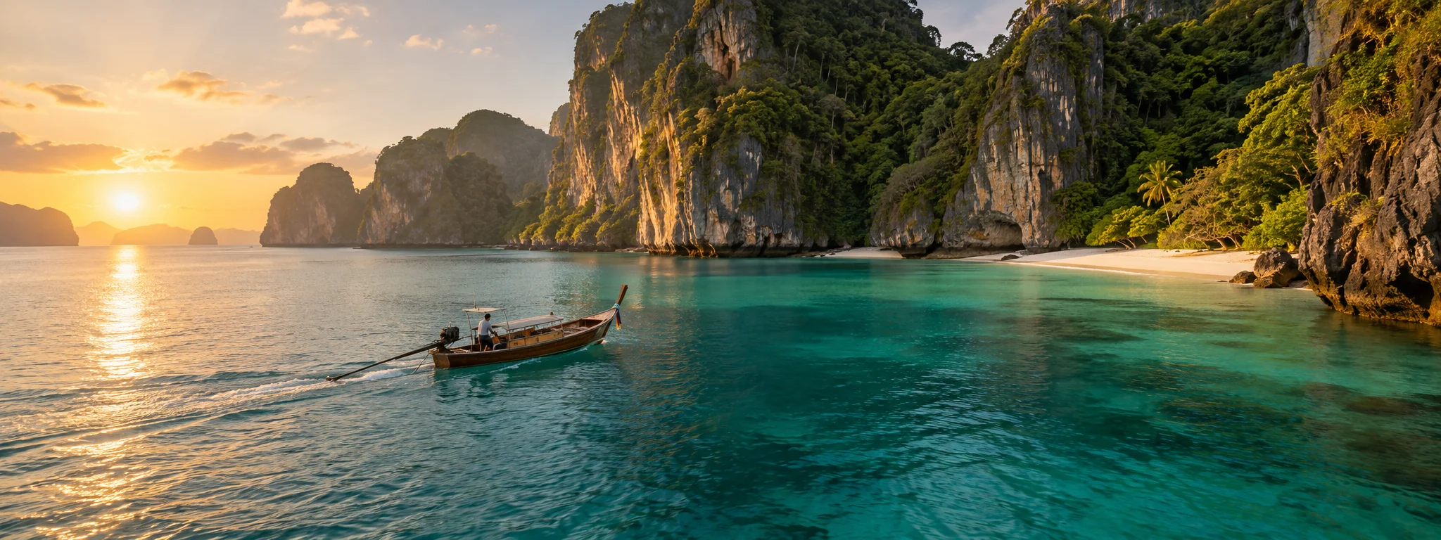 Tropische Inselbucht in Thailand bei Sonnenuntergang