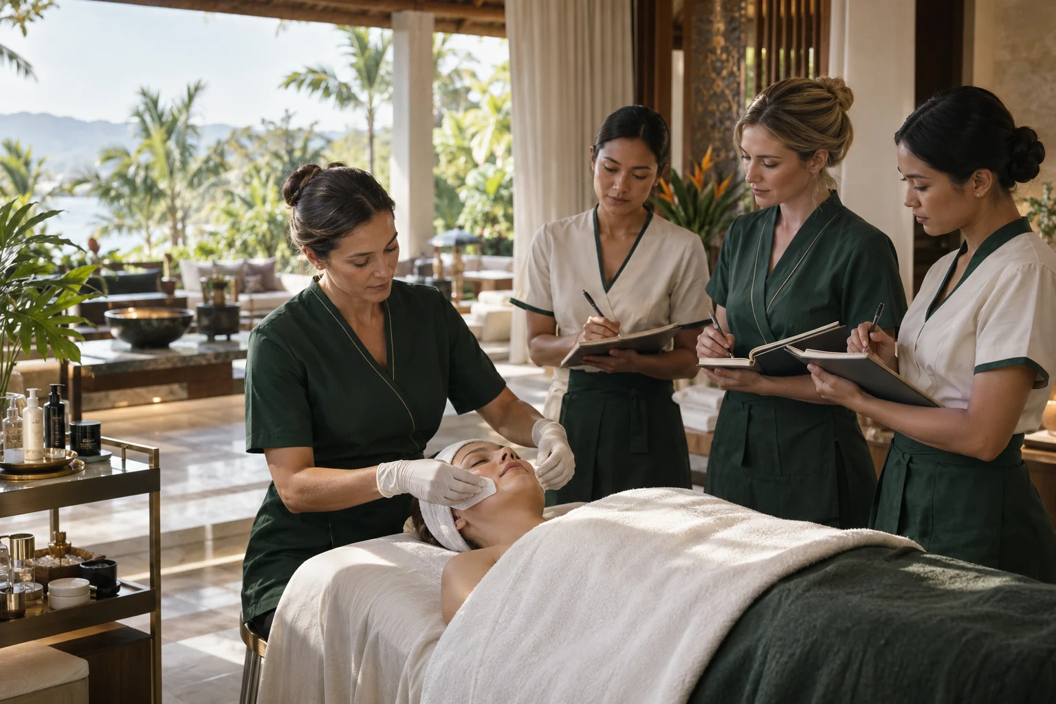 Kleine Kosmetik-Masterclass mit praktischer Behandlung in einer tropischen Villa